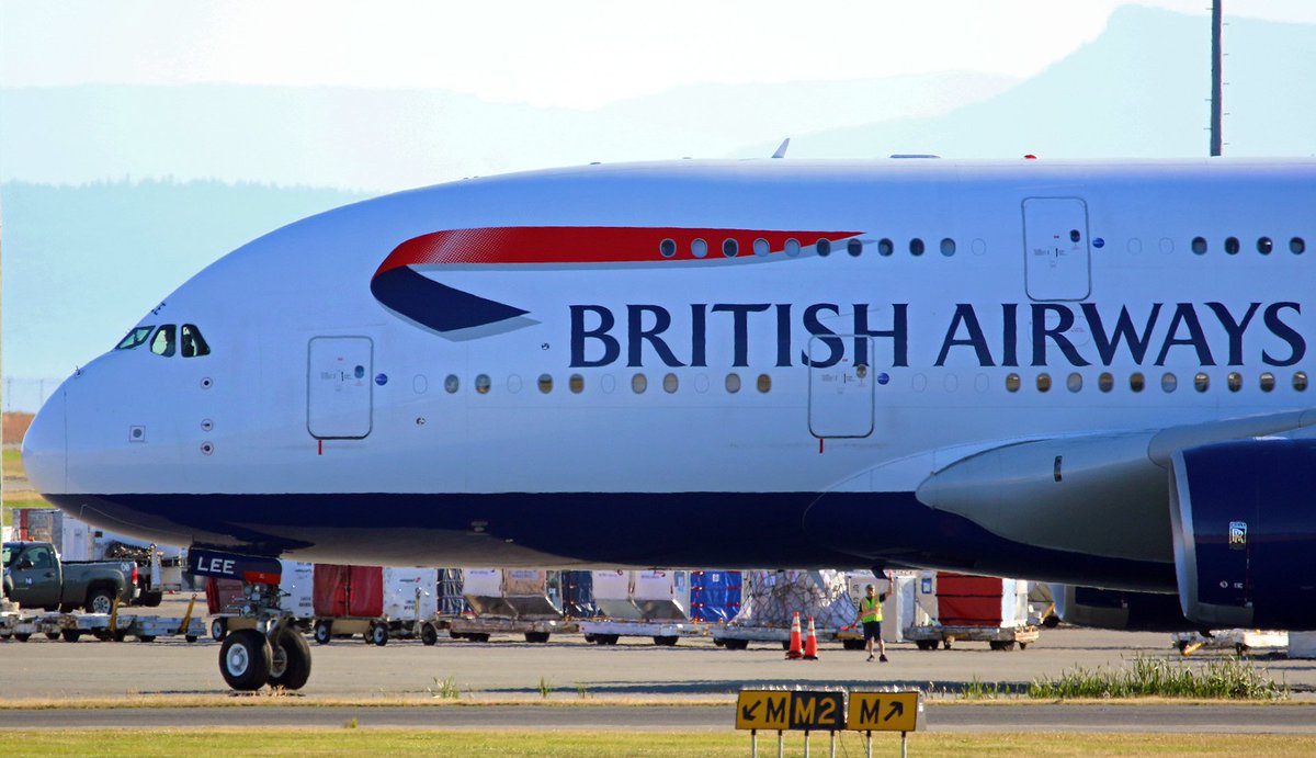 Kent_YVR's tweet photo. @British_Airways #Speedbird @Airbus #A380 #GXLEE marshalled to the gate @yvrairport with @GoPro flight deck #video rolling ๐ #yvrspotters https://t.co/1lGSY4BZeu