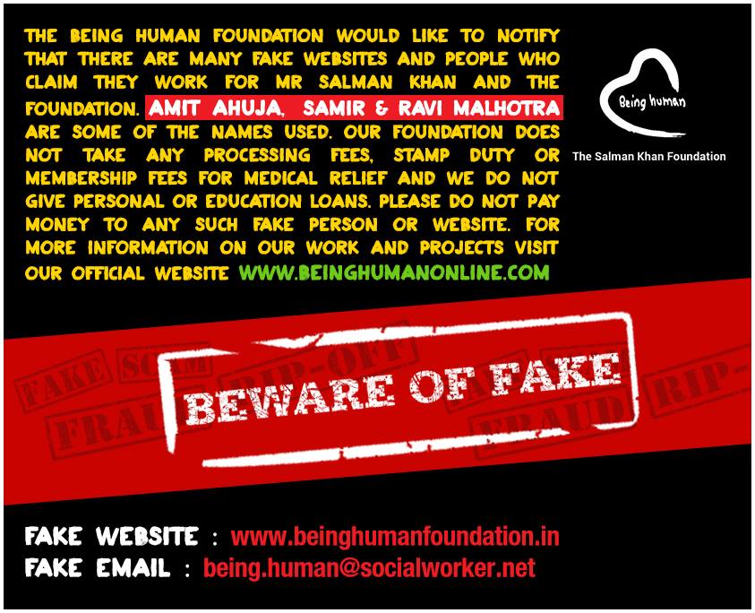 BeingSalmanKhan's tweet photo. Beware of Fakes #BeingHuman . Official website of Being Human is https://t.co/zq7NwlwPDH Twitter: @tweetbeinghuman 

https://t.co/Xx8K2qjRKS https://t.co/WOg643DyDO