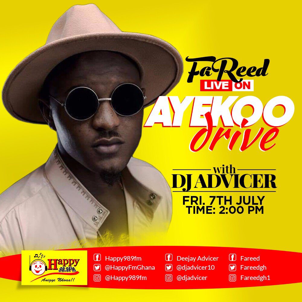 Mod_dee168's tweet photo. Hiphop alhaji @FaReedGh will join @djadvicer10 on @HAPPY989FM Tomorrow dont miss as they host the #Ayekoodrive show #BambaRecords https://t.co/tNtB1G2vku