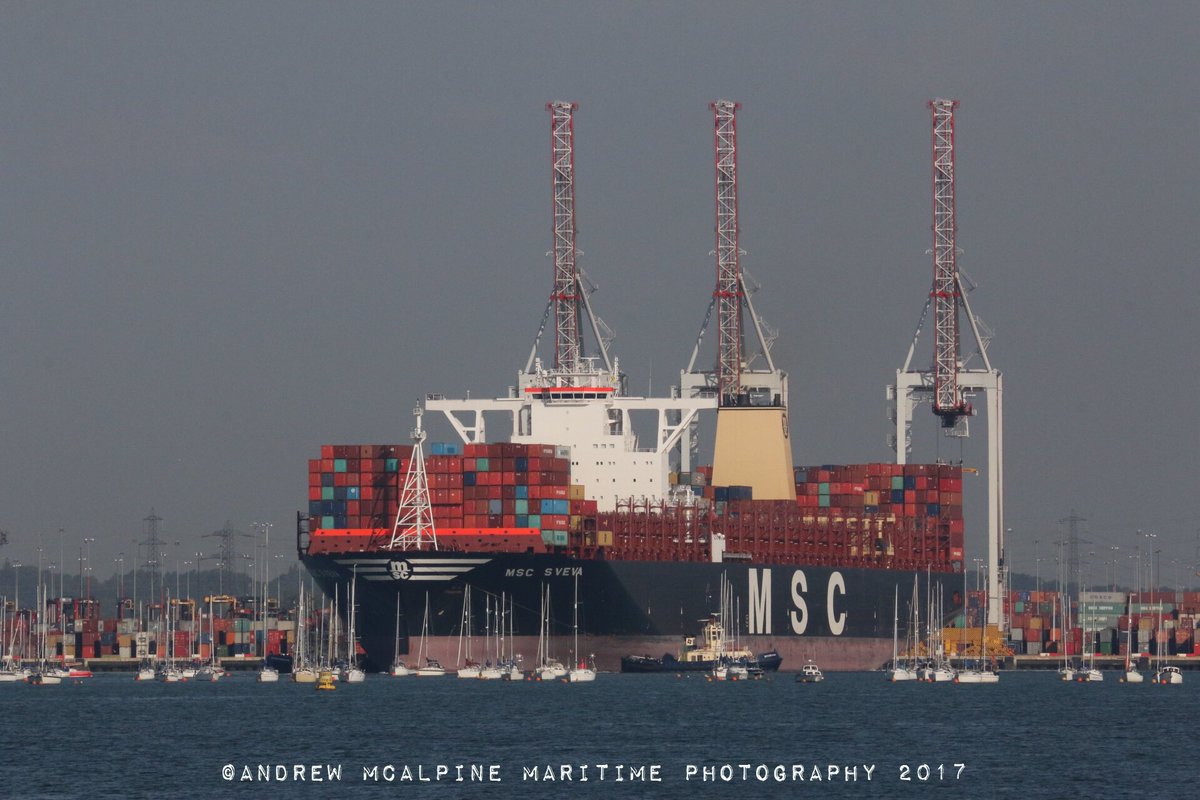 Maritimegeek's tweet photo. #MSCSveva one of #MSC 18,400TEU #OlympicClass class boxships seen sailing from @DPWorldSouthamp @ABPSouthampton after her 1st call. https://t.co/9oWSG0dC3z