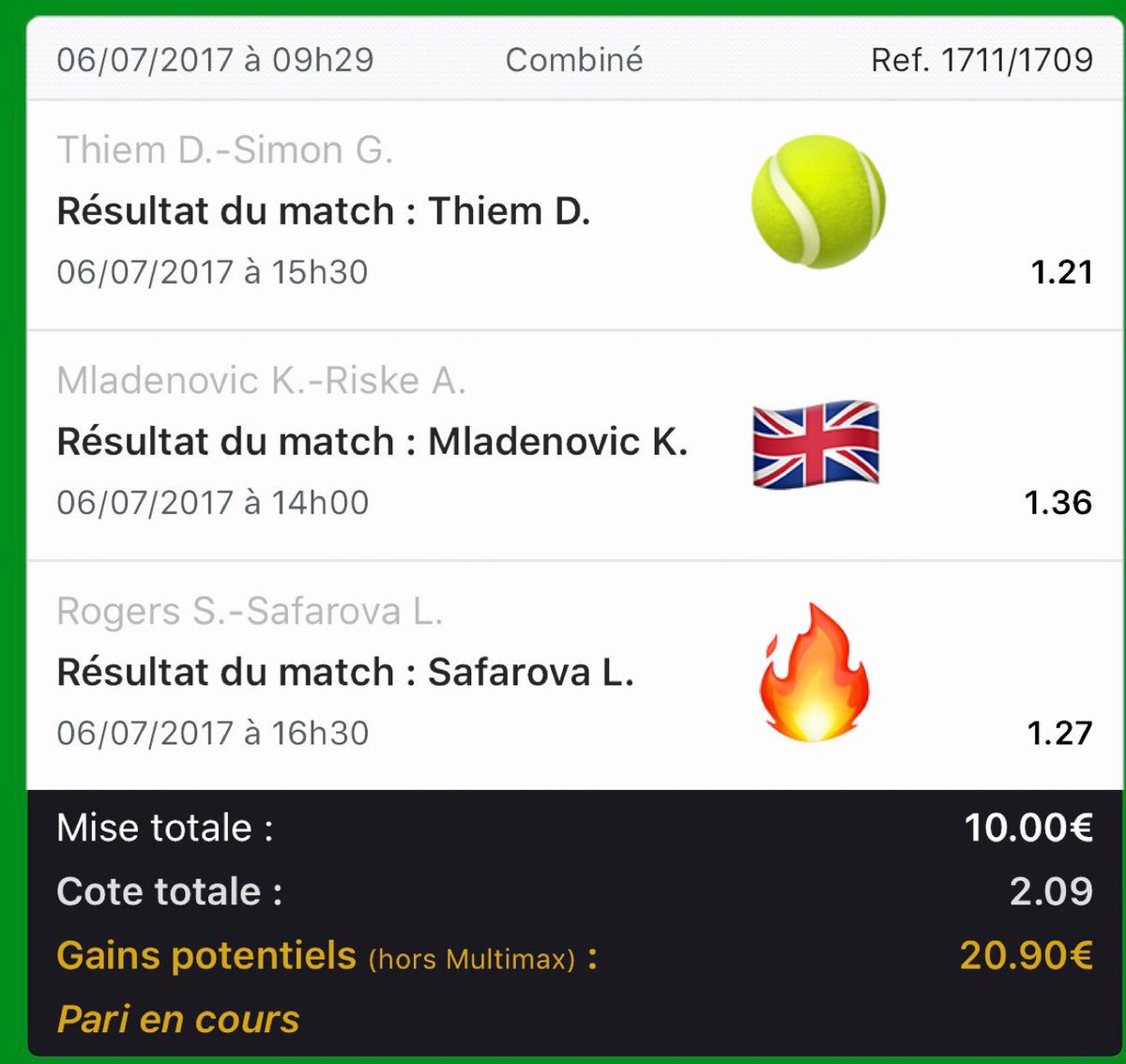 Lafreddd's tweet photo. C'est parti ! RT pr partager 😉

#FProject 〽️💯🔥

Etape 1️⃣📈 #Wimbledon

• Thiem + Mladenovic + Safarova @2,09 🍀

- Mise 10€ > 20,9€ ? https://t.co/dVchL99eUl