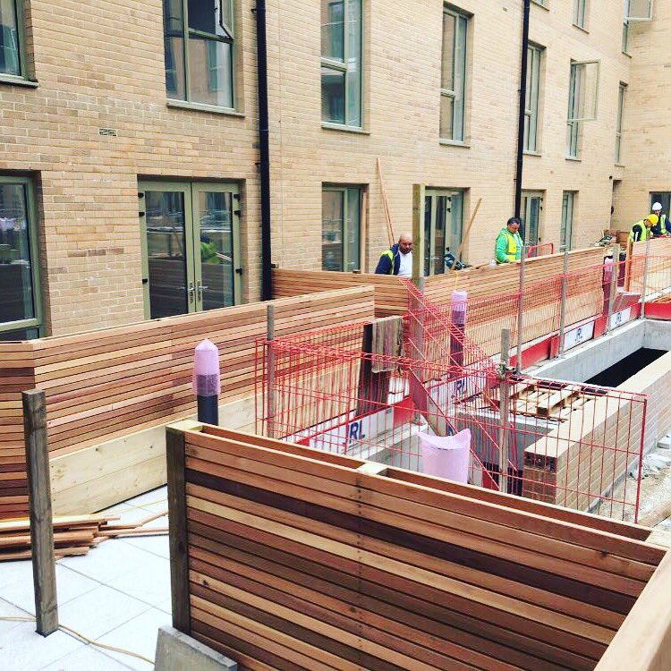 🌱 A bright day for us to finish the cedar podiums in Barnet today #newhomes #construction #landscaping #garden