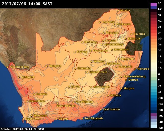 AfricaWeather_'s tweet photo. #Bergwind conditions will occur over coastal parts of #RSA today. 30ºC expected in #George, #PortElizabeth and #EastLondon. #AfricaWeather https://t.co/G9K95i7I4g
