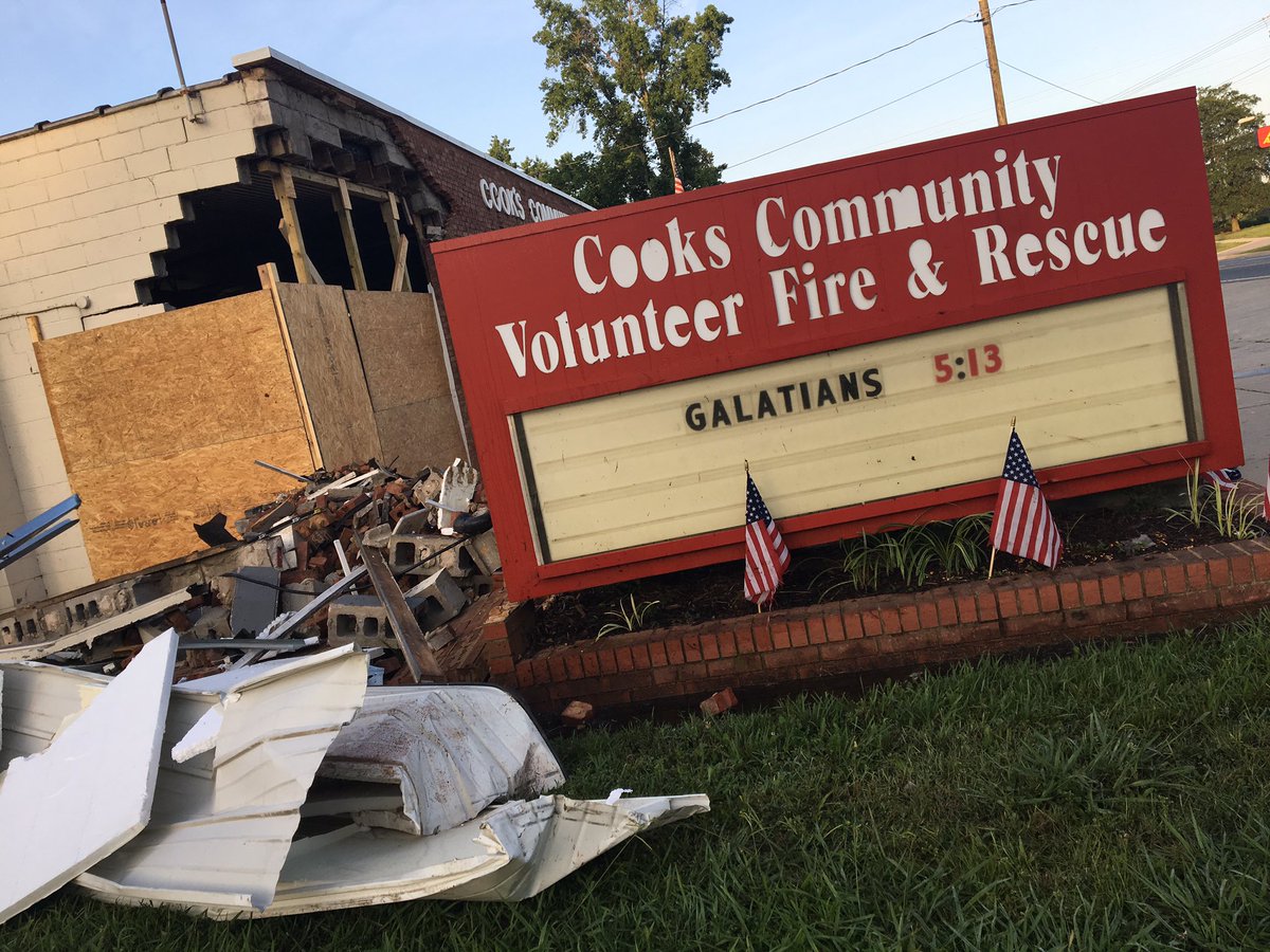 NEW: <a href="/cookvfd/">Cooks Community VFD</a> boards up bay destroyed by car. Driver told <a href="/CMPD/">CMPD News</a> he overcorrected &amp; slammed into building after letting another car pass #CLT