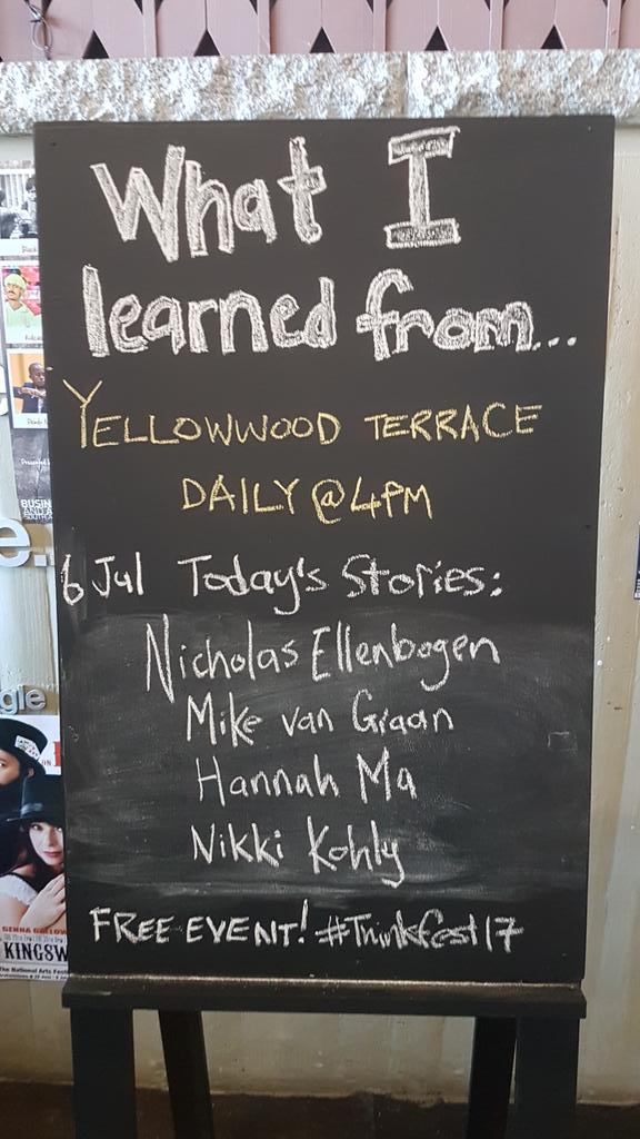 uglibob's tweet photo. 2nd last "What I learned from" event this afternoon at Yellowwood Terrace. And here's the lineup... @artsfestival @mikevangraan #NAF17 https://t.co/UzOrR8PTtj