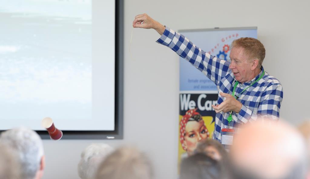 TheTipperGroup's tweet photo. Moment captured from yesterday's talk by @hughhunt: how the spin affects the trajectory explained with paper cups! #Engineering #TipperTalks https://t.co/22h4rkH3yF