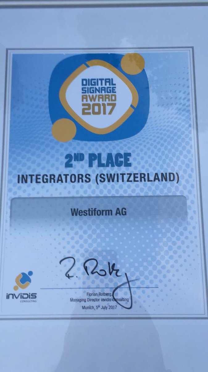 Westiform's tweet photo. #Westiform erhält am #DSSeurope den 2. Platz der invidis Digital Signage Awards. Herzlichen Glückwunsch an alle Mitarbeitenden! https://t.co/7HlI9vFEDy