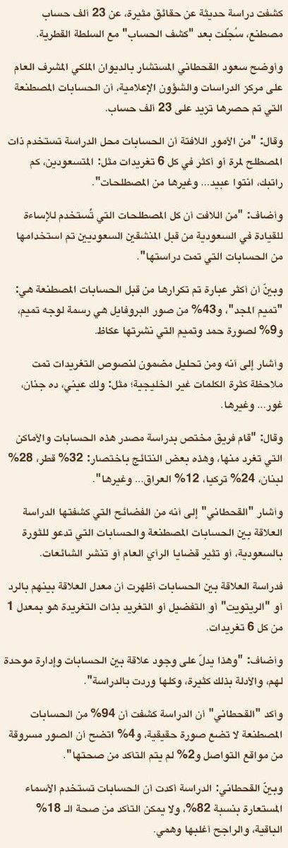 عاجل 🔴

.
.
المستشار في الديوان الملكي سعود القحطاني يكشف عن 23 ألف حساب "تويتري" جديد هدفها الإساءة للسعودية تُديرها السلطات القطرية.
.
.