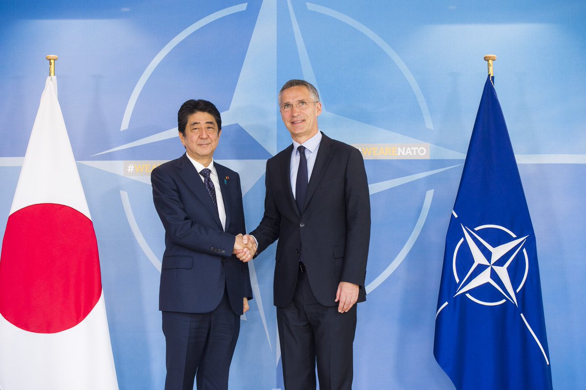 NATOpress's tweet photo. [ONLINE] Joint press point with #NATO SG @jensstoltenberg and the Prime Minister of #Japan, Shinzō Abe. https://t.co/cXtL7xNnSs 🇯🇵 https://t.co/3wnilQWYsg