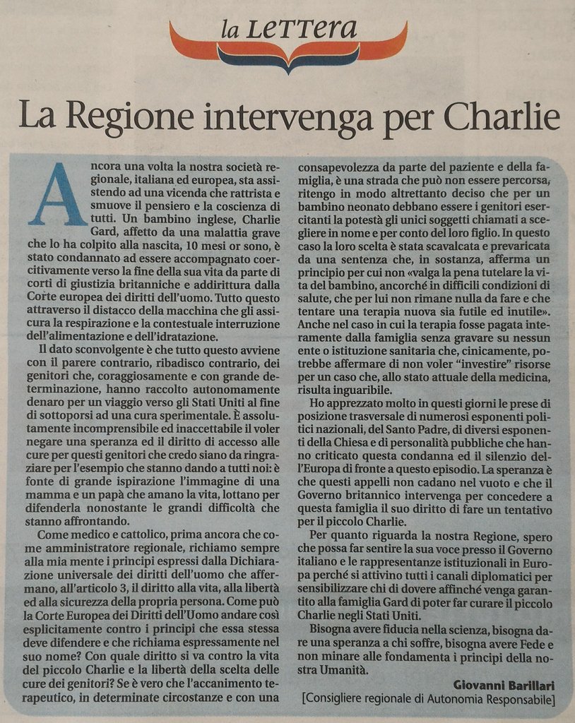 BarillariGiova's tweet photo. Intervento su @laVitaCattolica per #CharlieGard, alimentiamo la #speranza per la #vita e mio appello alla #RegioneFVG. @AutonomiaResp https://t.co/EFHRVSaN6j