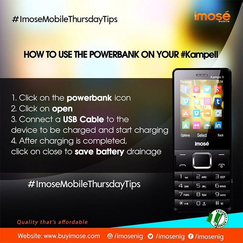 imosemobile's tweet photo. How to use powerbank on your #KampeII

1. Click on powerbank icon 
2. Click on open...

#ImoseMobileThursdayTips https://t.co/h8lysc4dkS