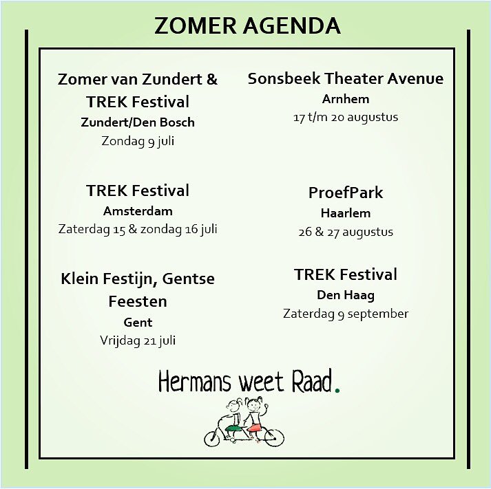 De gevulde zomer van Hermans weet Raad! Kom kijken bij o.a. <a href="/FestivalTREK/">FestivalTREK</a> <a href="/ProefPark023/">ProefParkHaarlem</a>! #jeugdtheater #juni