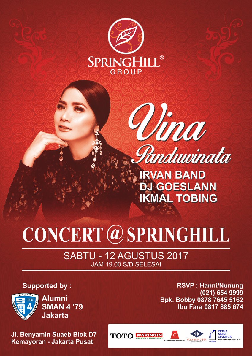 Springhill_INA's tweet photo. KONSER VINA PANDUWINATA @ Function Hall Springhill Clubhouse Kemayoran, Jakarta Pusat, Sabtu 12 Agustus 2017, Jam 19.00 - Selesai. https://t.co/0yDzaIrN4P