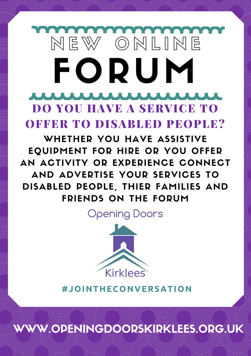 OpeningDoorsKir's tweet photo. Do you have a service to offer disabled people? Advertise/promote on our forum #openingdoorskirklees #letsgetoutandabout #kirkleesforum https://t.co/yNegEbJOUQ