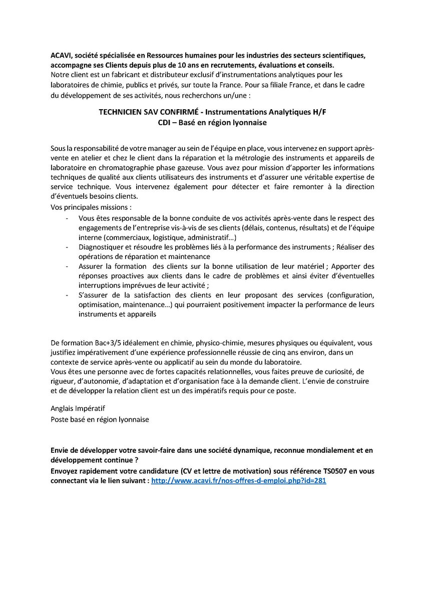 Offre d emploi technicien chimiste