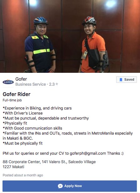 GoferBike's tweet photo. We're still looking for riders! Apply now! #JobsPh #Rider #Bikers #MessengerPh #Messenger #Courier #Makati #Jobs #LookingFor #Gofer #Bike https://t.co/g2d30oV1LL