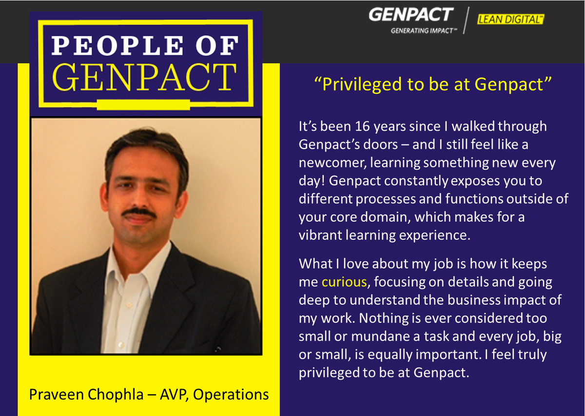 Genpact_Careers's tweet photo. Praveen Chophla – AVP, Operations shares his #GenpactStory filled with vibrant learning experiences. #BringBackCurious #PeopleOfGenpact https://t.co/hx9BPDN9Fp