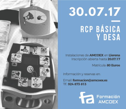 AMCOEX's tweet photo. Curso de RCP y DESA en Llerena el día 30 de Julio. Más información y reservas en formacion@amcoex.es, y en el teléfono 924 873 813. https://t.co/bzgnT5f4sq