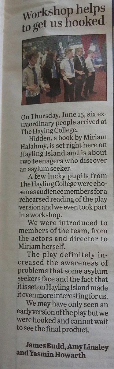 MiriamHalahmy's tweet photo. Nice piece in Hayling paper about @HiddenProjectUK day in Island school in June. More to come. @AnneClarkLit https://t.co/NL6TaIu0hJ