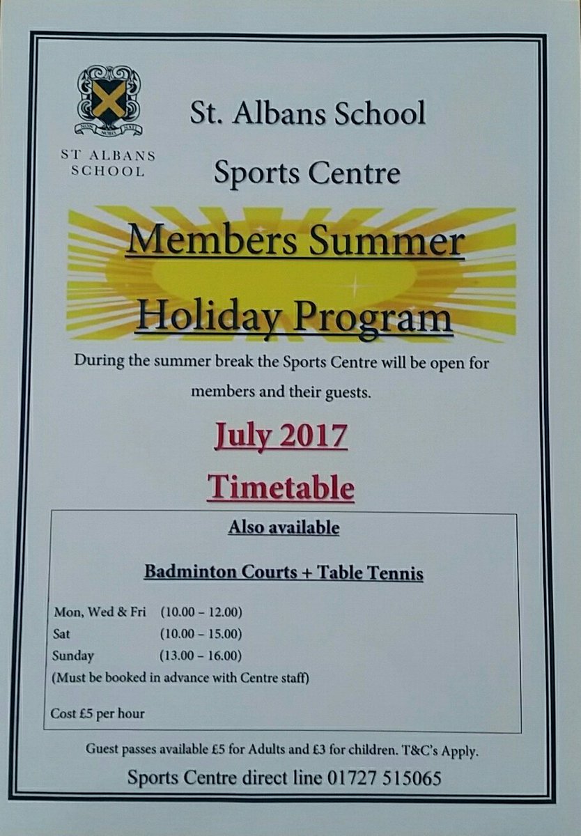 Members and staff summer holiday timetable @ SAS Sports Centre