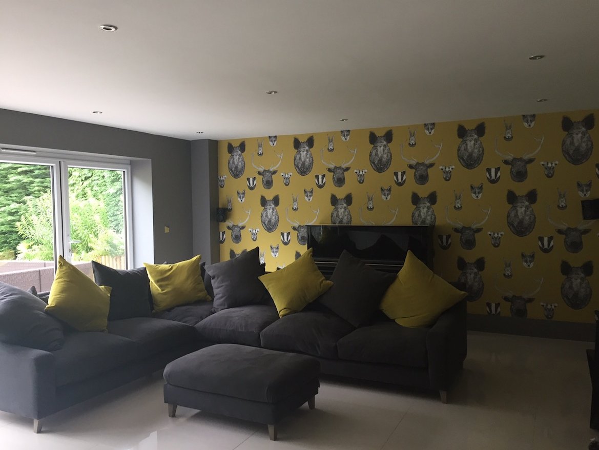 Super happy customer! 'Vestige' Mustard wallpaper making a statement... <a href="/lisakbliss/">Lisa Bliss</a> #interiordesign #Interiors #home #wallpaper #house