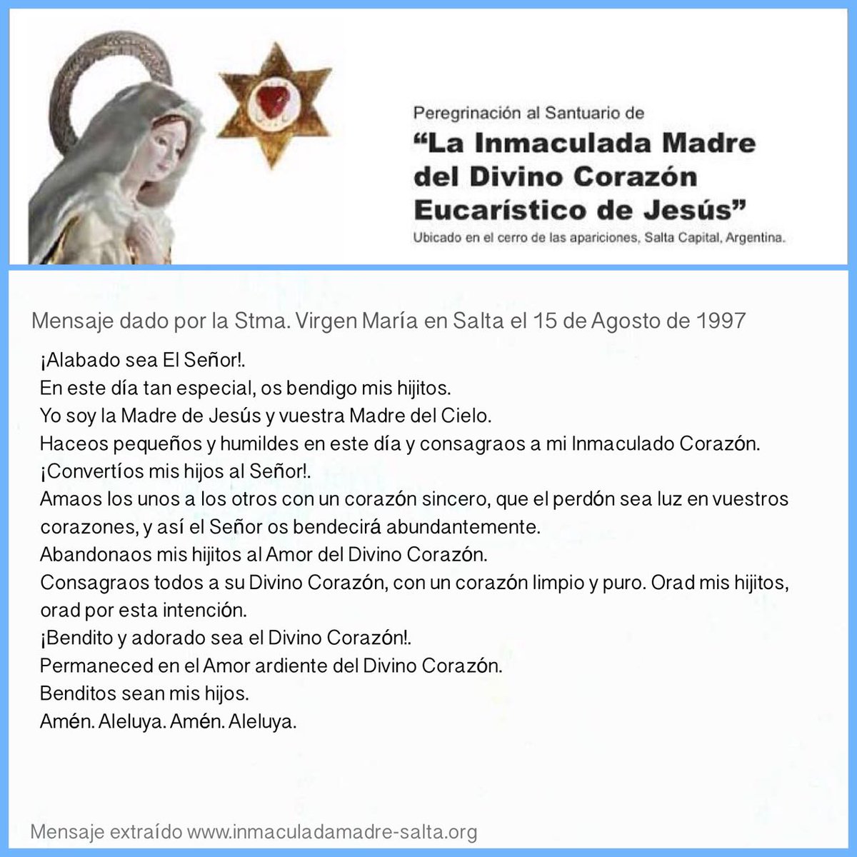 PEREGRINASALTA's tweet photo. 🙏 #Mensaje dado por la #SantísimaVirgenMaría en Salta 🇦🇷
Fuente: https://t.co/0TBPX4VGRM      
#InmaculadaMadre 👍 https://t.co/qgyhToCk4D