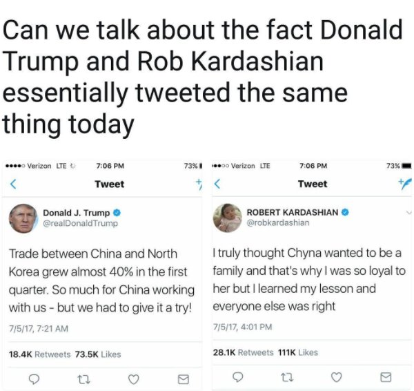 RadioMelissa's tweet photo. Donald Trump and Rob Kardashian tweeted the same thing today! I can't get over this LOL #RobKardashian #BlacChyna https://t.co/yOHCOc0Odm
