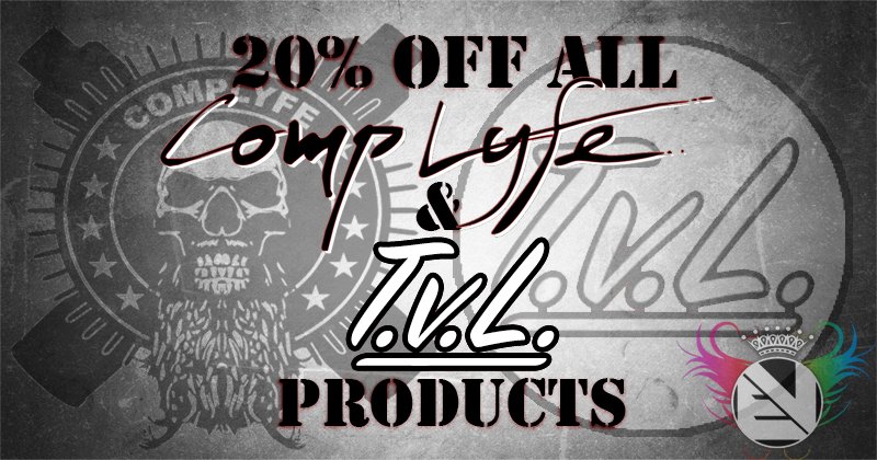 evovapinguk's tweet photo. 20% OFF ALL COMP LYFE AND T.V.L. PRODUCTS! ONLINE AND INSTORE!
https://t.co/uUPjoJGJnL #evolutionvapinguk #Vapenation #vaping https://t.co/M7eiPgq1UZ