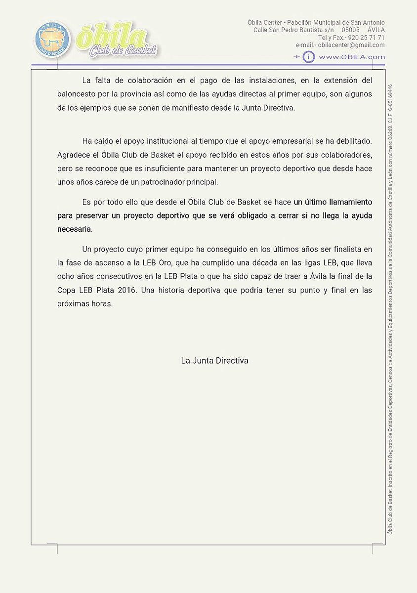Obila_com's tweet photo. Nota de prensa del Óbila Club de Basket. https://t.co/1K8QutZq1G