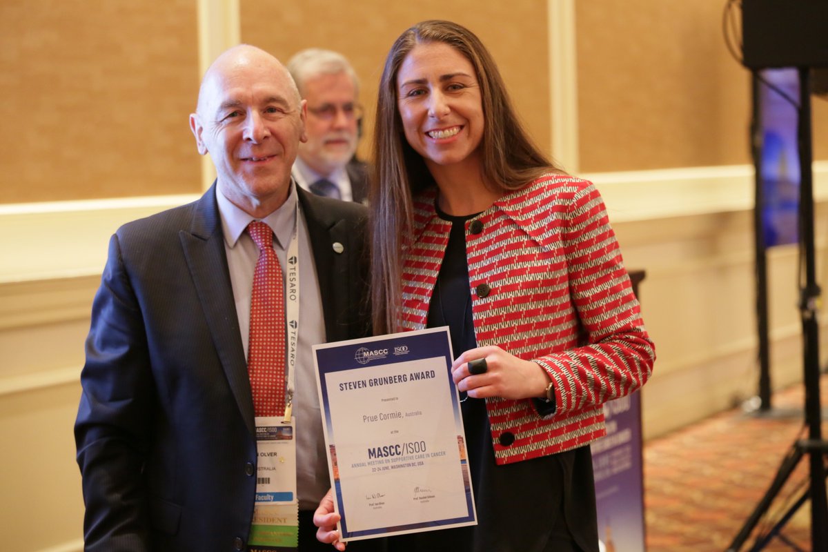 CancerCareMASCC's tweet photo. Dr @pruecormie, PhD, Melbourne, Australia, awarded #MASCC17 Grunberg Award for research on exercise for #cancer patients and survivors. https://t.co/cwksqlkF7E
