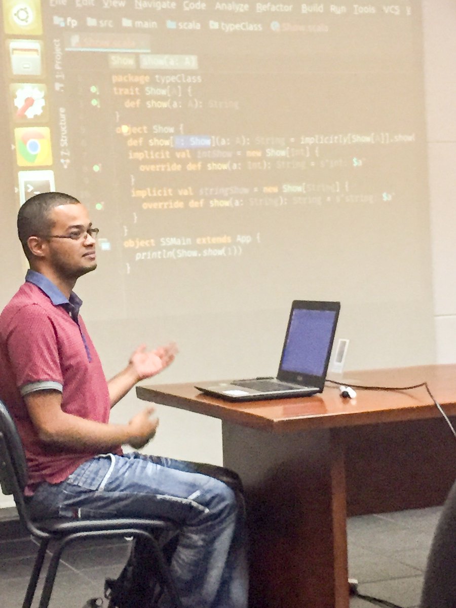 scalaMDE's tweet photo. Un par de fotos de nuestra última sesión en la que Jef Ossa, dev en S4N, nos habló de polomorfismo ad-hoc con Type Classes. Gracias Jef! https://t.co/iRmvW4gnru