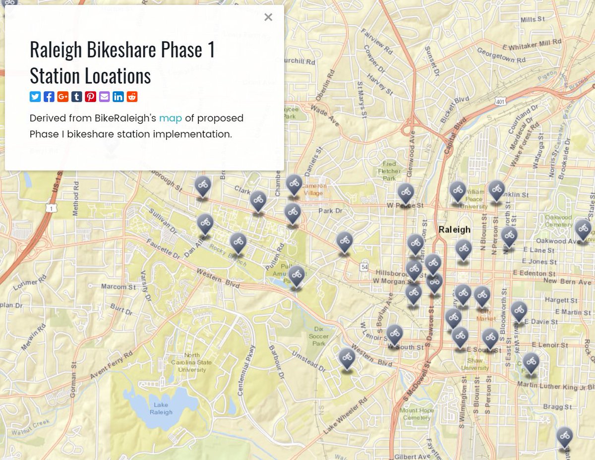 An interactive map w/ approximate proposed locations of Raleigh Bikeshare stations (made w/ <a href="/MapperKeeper/">MapperKeeper</a>) mapperkeeper.com/maps/e0694e88-…