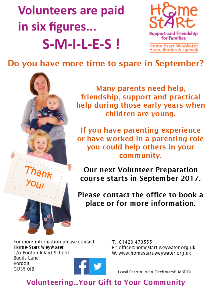 HSWeyWater's tweet photo. **NEW HOME-START VOLUNTEER TRAINING COURSE** Starting September 2017 - get in touch to book your place. https://t.co/wKAJ1BJWHR