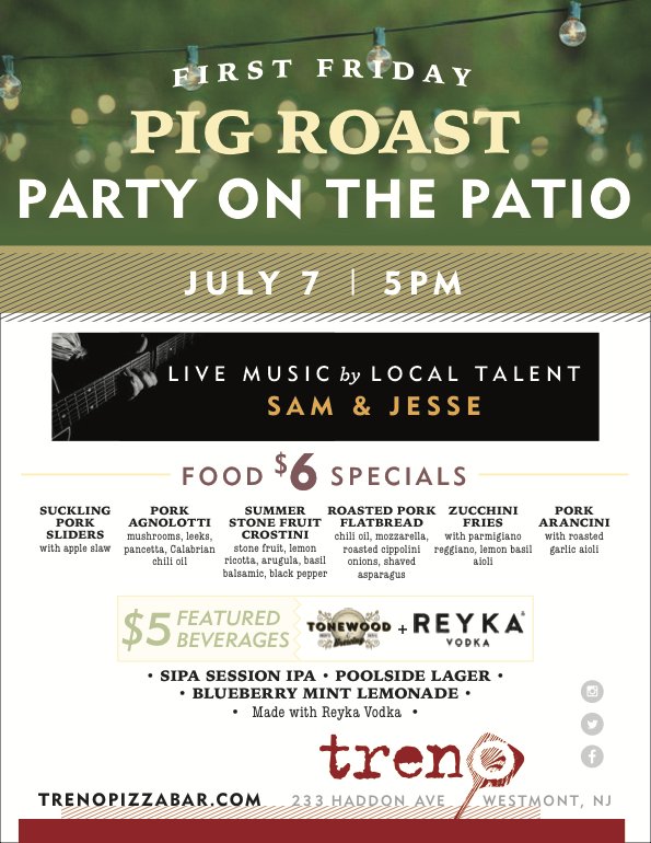 TOMORROW! Don’t miss this month’s #FirstFriday #PIGROAST on the Patio!! Feat. $5 drinks from @TonewoodBrewing &amp; <a href="/ReykaVodka/">Reyka Vodka</a> TM 7/7 @ 5pm