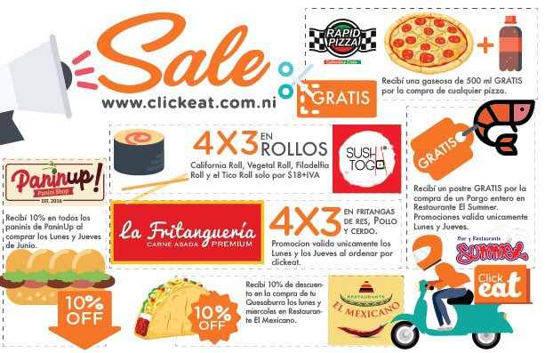 ClickeatNic's tweet photo. Hoy es jueves de descuentos en @ClickeatNic busca tu restaurante favorito y encontrá la promo! 😊#ClickeatNicaragua https://t.co/41fHGuQ4ox