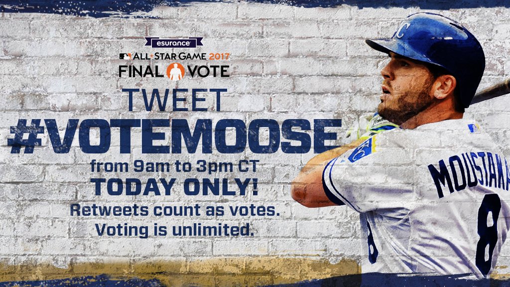 Royals's tweet image. Ready, set, GO! Use #VoteMoose until 3pm CT to send @Mooose_8 to the #ASG! Every tweet and RT counts as a vote. royals.com/vote