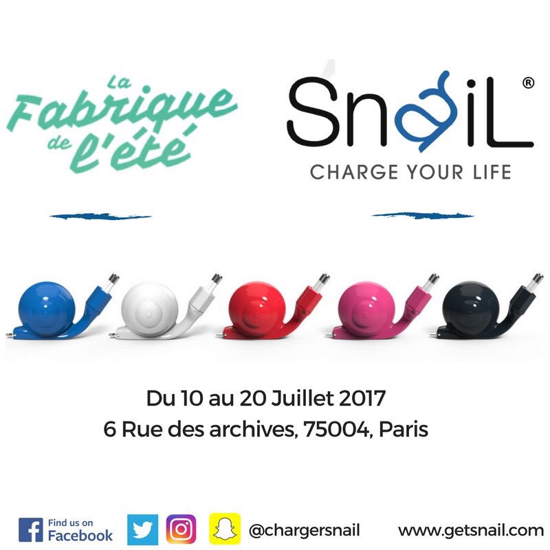 chargerSnail's tweet photo. SNAIL sera bientôt sur Paris . 
Venez découvrir l'ultra chargeur Snail à la fabrique d'été . #Innovation #Paris #Snail https://t.co/AGjhv4g2g9
