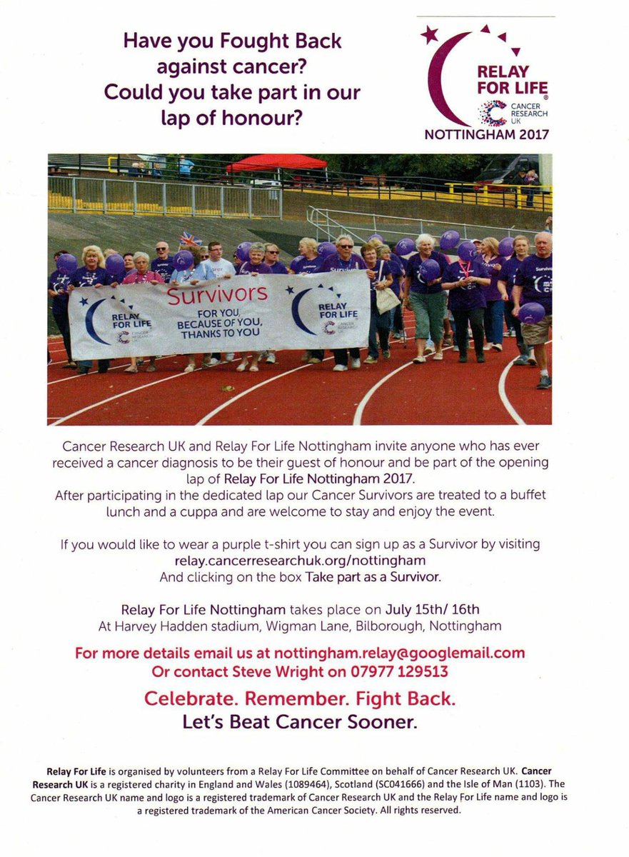 relay4lifenottm's tweet photo. Cancer survivors register as a VIP at #relay4lifenottm Take part in the Survivor lap of honour and the Survivors reception. #nottingham https://t.co/GXS4lwRwr1