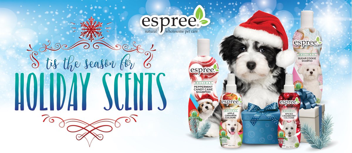 EspreePetCare's tweet photo. It’s always fun to keep your pets festive at the Holidays! #Espree has fragrant shampoos with matching conditioning colognes! #PetrendTweets https://t.co/wvHaGgj9CE