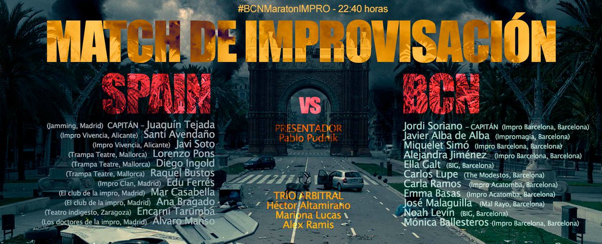 En #BCNMaratonIMPRO a las 22:40h del 8/7 se enfrentan los mejores profesionales de la #improvisación de #España contra los de #Barcelona.