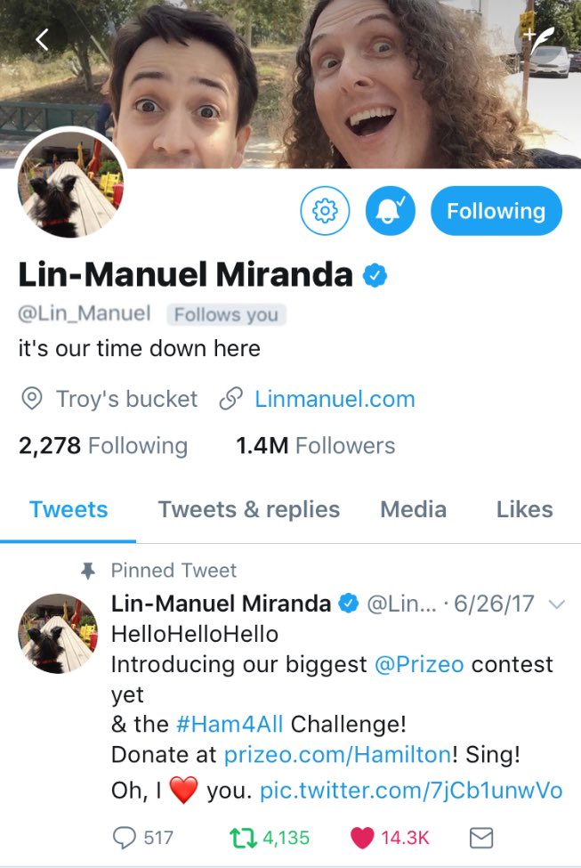 cafebusteloking's tweet image. Lin-Manuel Miranda followed me, sent me this DM, and then unfollowed me