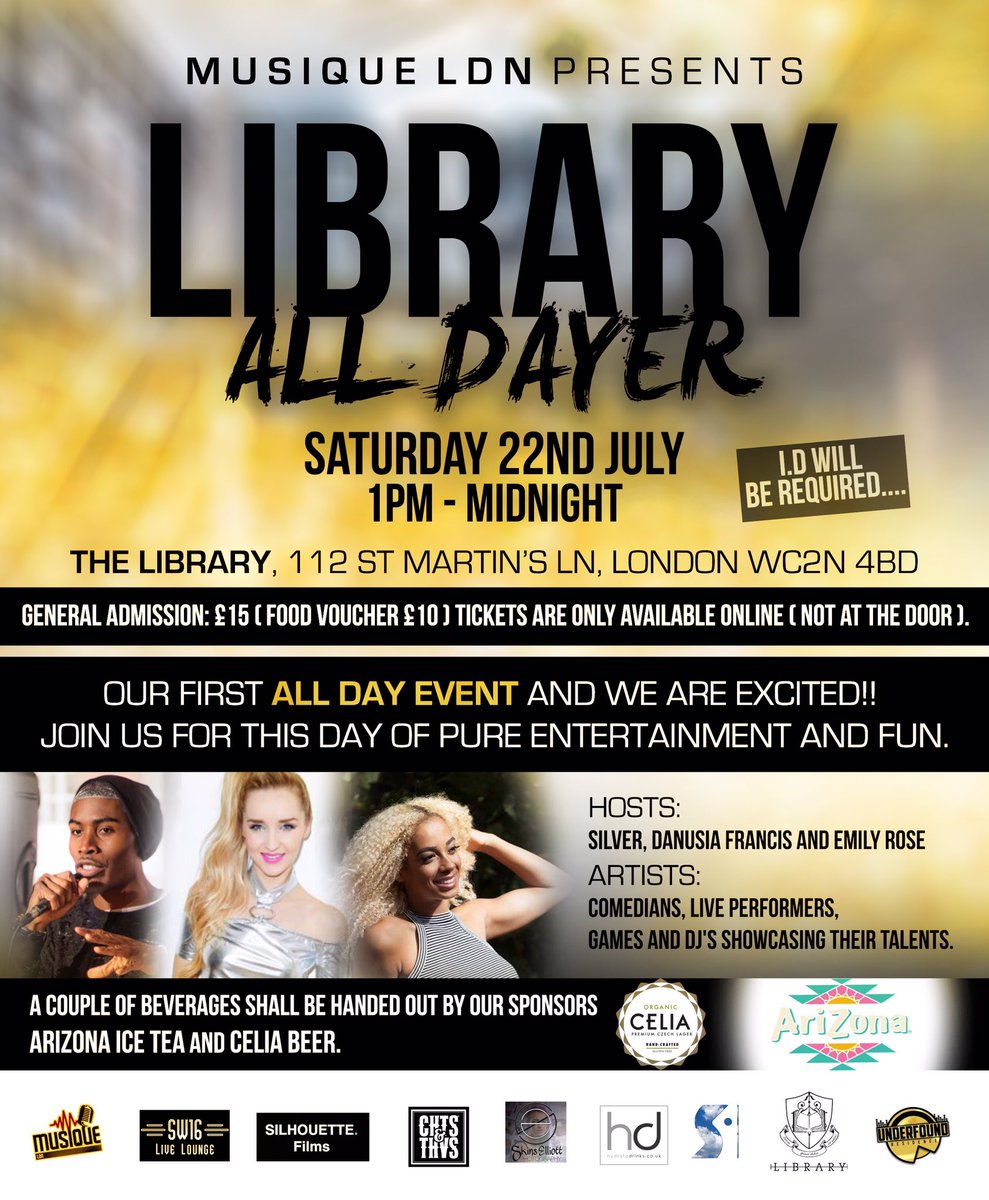 I'm BAAACKK!!

I'm performing@MusiqueLDN Library All Dayer.

Venue: <a href="/LibraryLondon/">LIBRARY London</a>

Sponsors: <a href="/DrinkAriZona/">AriZona Iced Tea</a> <a href="/Hydrate_Drinks/">Hydrate Drinks</a> <a href="/cheatsNthieves/">CheatsandThieves UK</a>