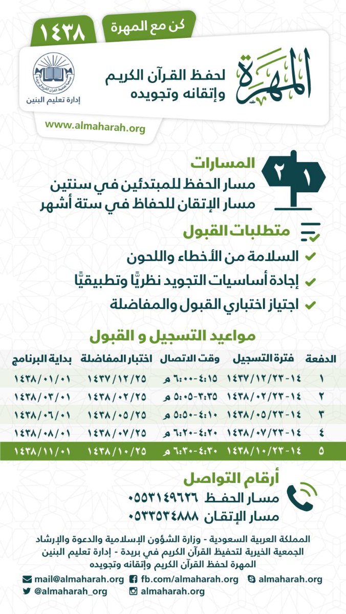 بَدءُ التّسجيـل للدّفعـة الخامسـة من هذا العام 1438 هـ
بادر بالتّسجِيلِ والنّـشرِ لَعلّك أن تَنـال الخيريـة

#علمني_مركز_المهرة
#القصيم