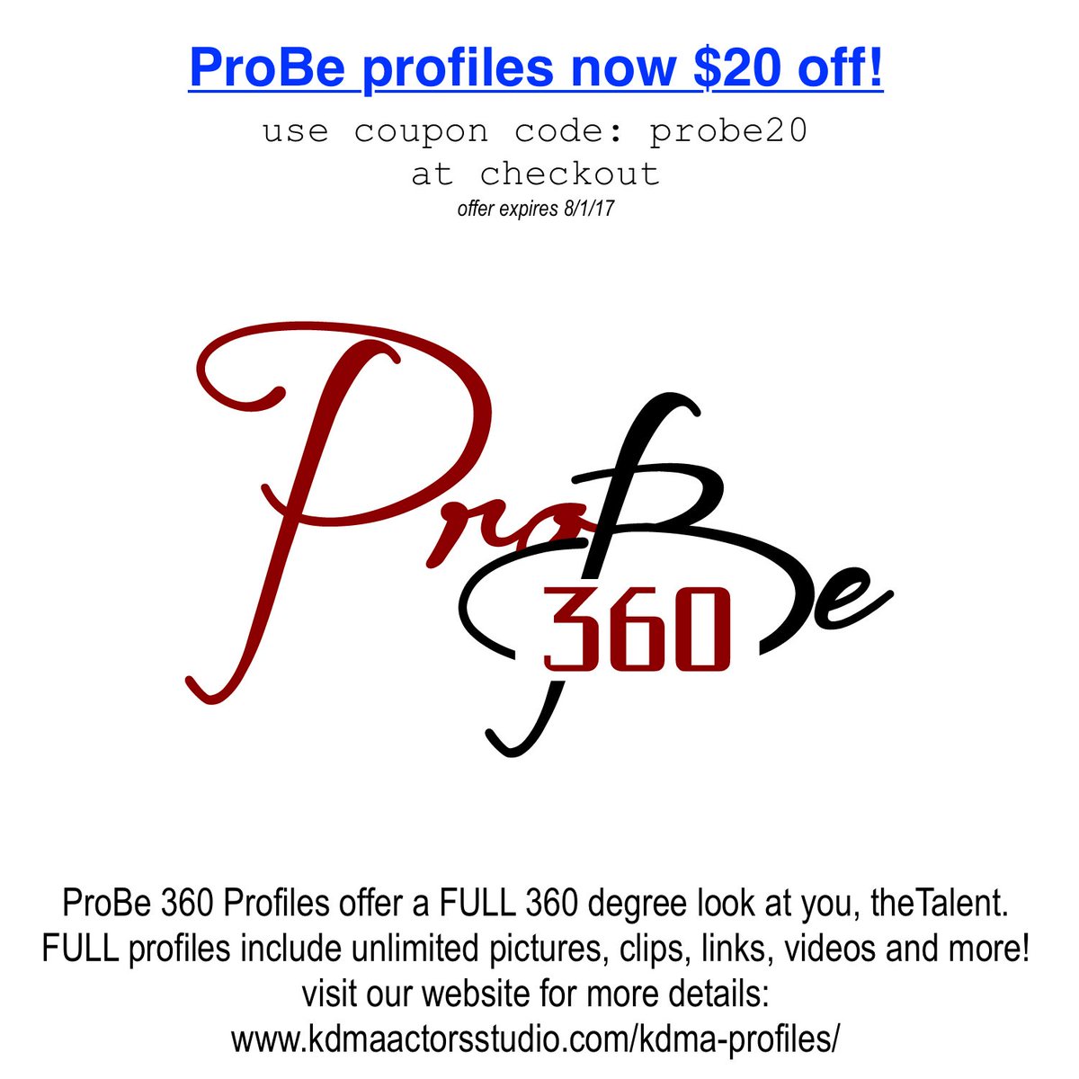 KDMAActorStudio's tweet image. ProBe Profiles now $20 off! Offers a FULL 360 view of YOU, the Talent - unlimited pics, videos, and more: kdmaactorsstudio.com/kdma-profiles/
