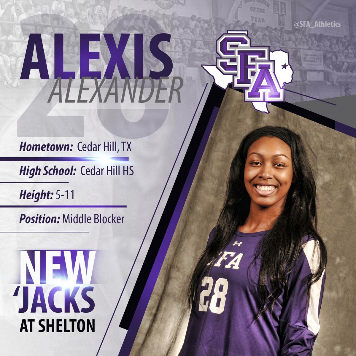 SFA_Volleyball's tweet photo. Meet Alexis Alexander, 'Jacks! From Ceder Hill, TX, she'll take the court for #SFAVB in the Fall. #AxeEm https://t.co/Pjpb9nxUOy