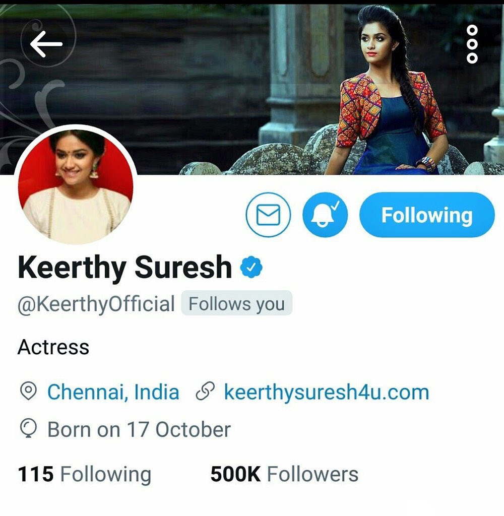 starzcinema's tweet photo. Congratulations @KeerthyOfficial for Reach 500K Followers #Twitter Keep Rocking #500KFollowers4Keerthy #KeerthyUpdates #KeerthySuresh #xc https://t.co/pbqnSUr72N