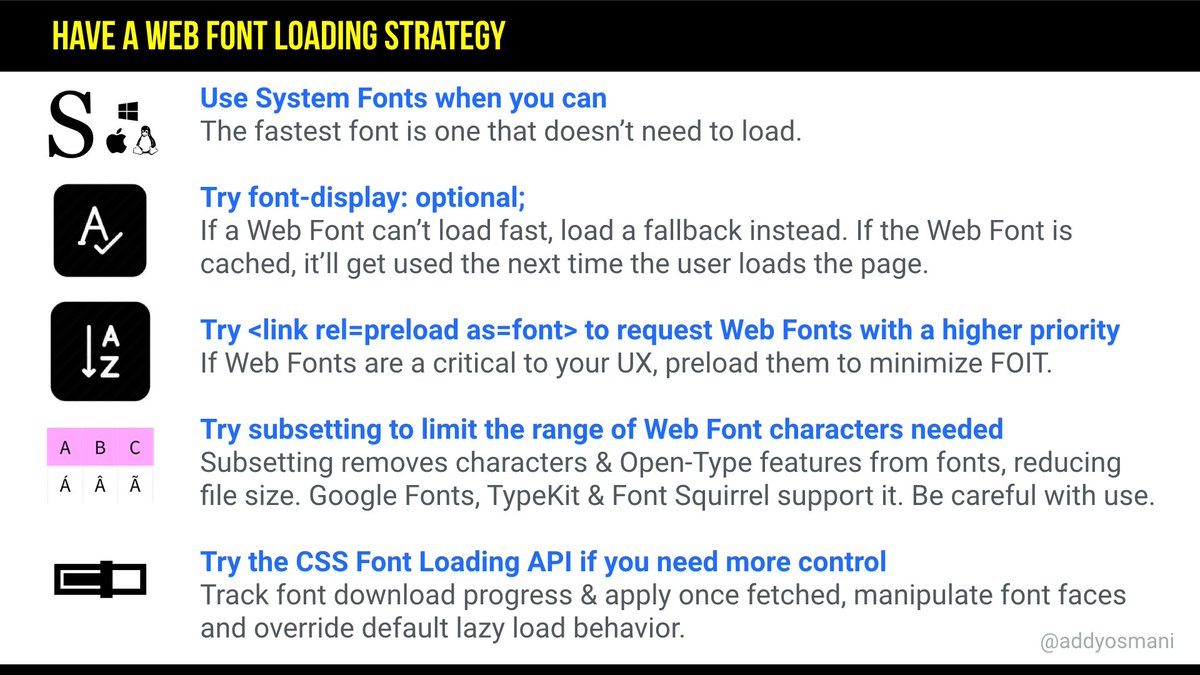 Use System Fonts where you can. Try font-display: optional. Try link rel preload to request Web Fonts with a higher priority. Try subsetting to limit the range of Web Font characters needed. Try the CSS Font Loading API if you need more control.