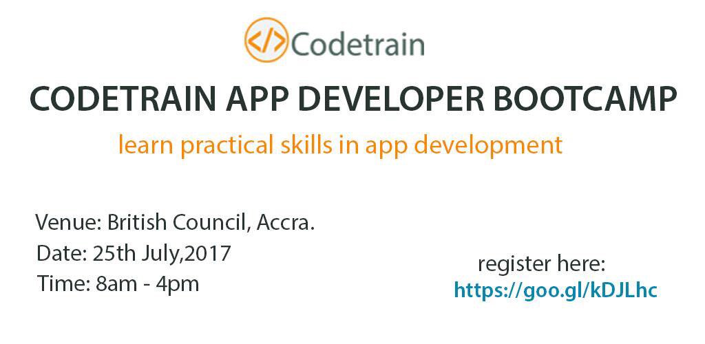 codetraingh's tweet image. Register now at goo.gl/kDJLhc for the #Codetrain #App #Developr #Bootcamp in #accra #ghana #knust #legon #gtuc #ashesi #ucc