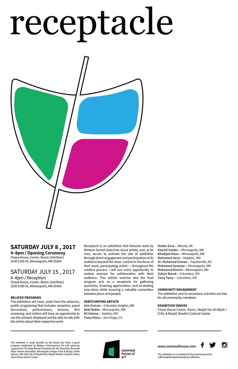 Khadijahshire's tweet photo. SATURDAY is the opening of our annual exhibit featuring 13 artists, come check out their work. #receptacle2017 #Somaliart #somaliartists https://t.co/vHPHUPHjk1