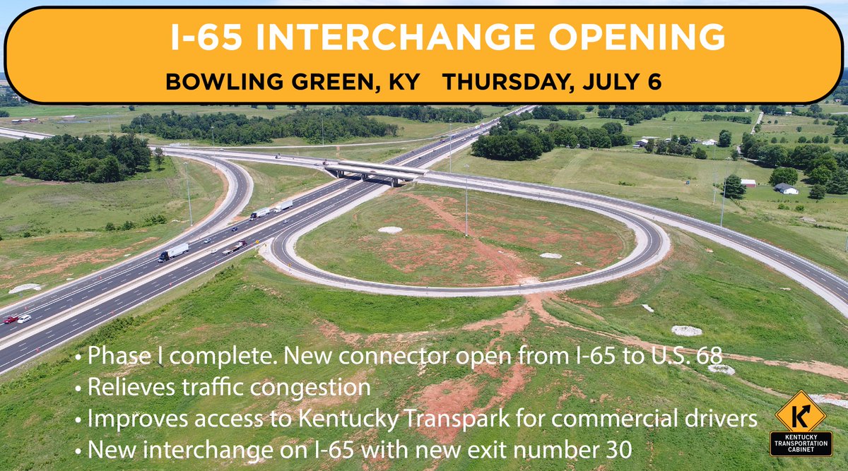 KYTC's tweet photo. Enjoy the drive on the newly opened I-65 interchange and connector road in Warren County. https://t.co/iWtwUcEoMF